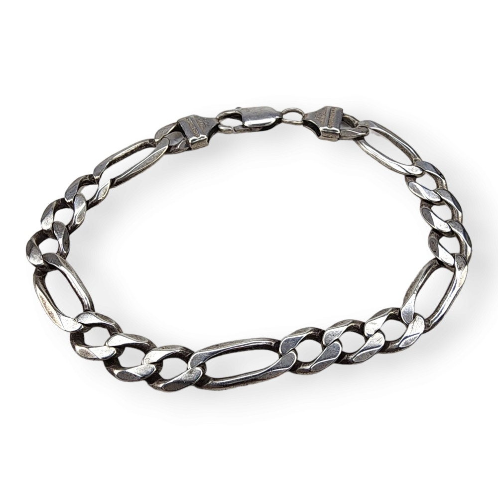 Italy Figaro Link Bracelet Sterling Silver 8.75in Silver 925 Vintage Flat Cuban